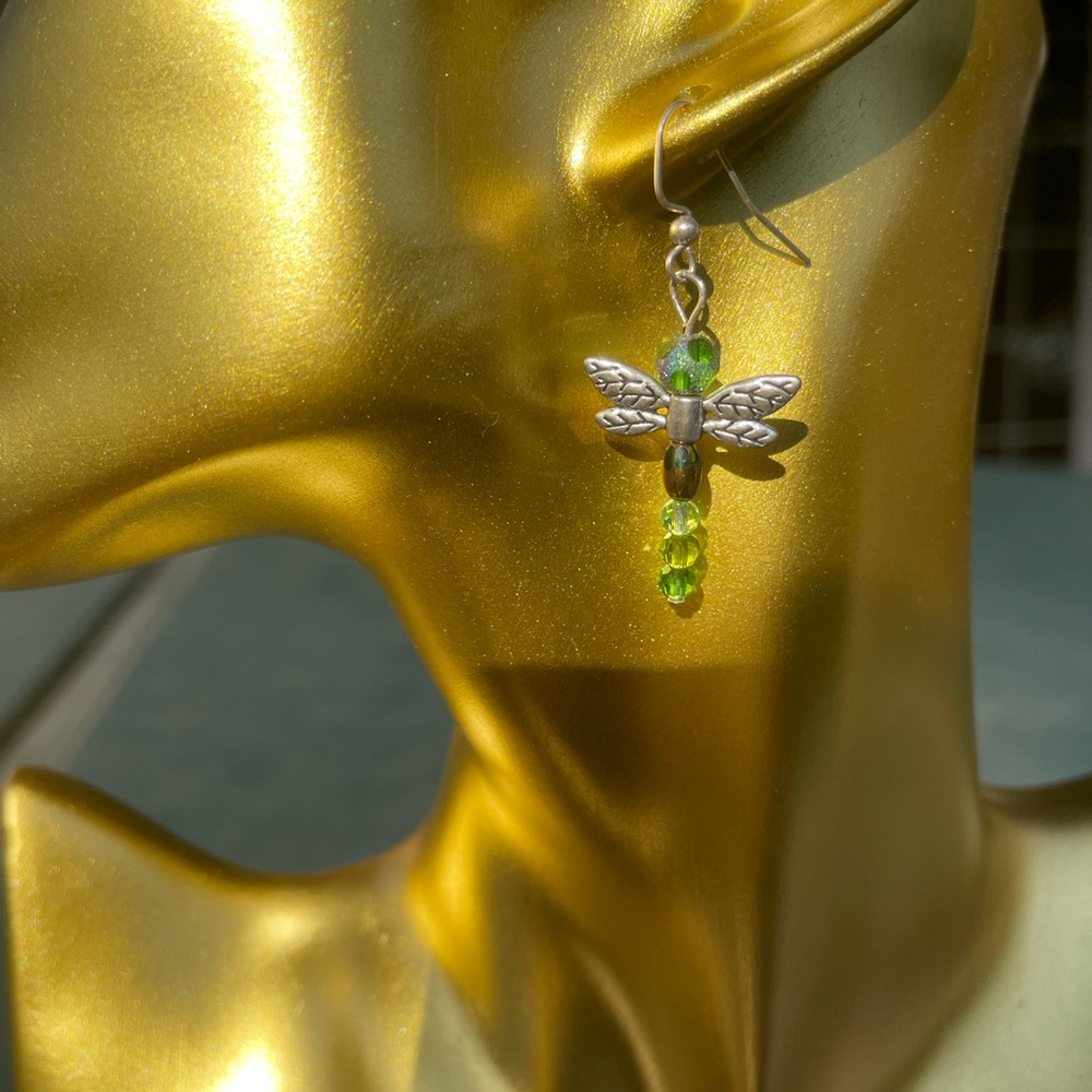 Dragonfly’s green glass beads, silver plated earrings 
Fia’s custom design